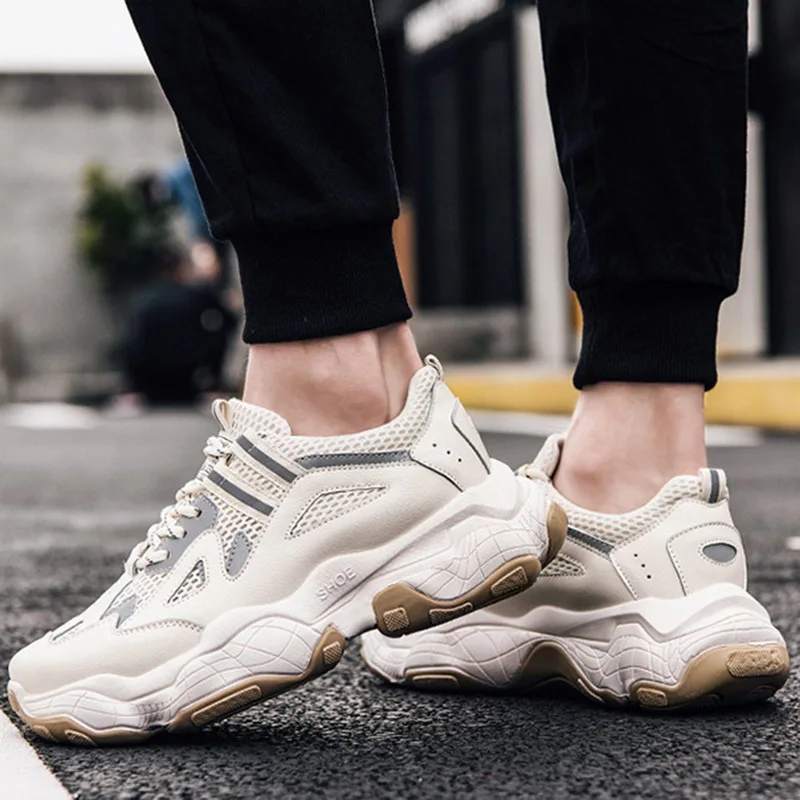 Beige ADISPUTENT Men Chunky Sneakers Platform Thick Sole Casual Vulcanize Shoes Web Celebrity Dad Female Fashion Sneakers Designer - Color: Beige