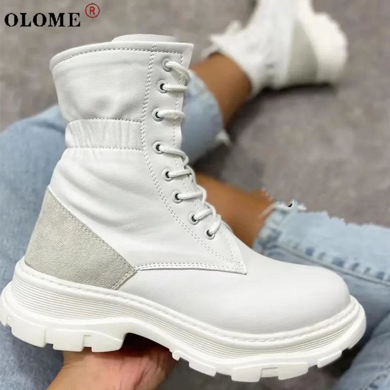 

2021 New Mid Calf Boots Women Autumn Winter Fashion Lace-up Zipper Botas Mujer Boots Sports Platform Heel Ladies Shoes