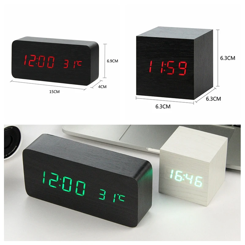 

LED Wooden Alarm Clock Watch Table Voice Control Digital Wood Despertador Electronic Desktop USB/AAA Powered Clocks Table Decor