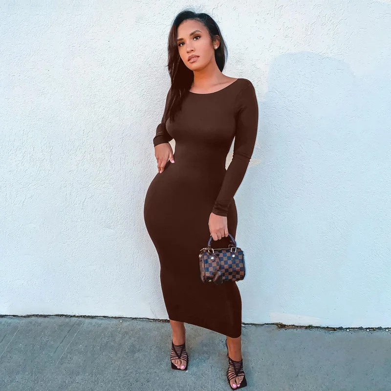 Cryptographic 2021 Spring Sexy Backless Midi Dresses Bodycon Elegant Evening Club Party Birthday Brown Long Sleeve Dress Women