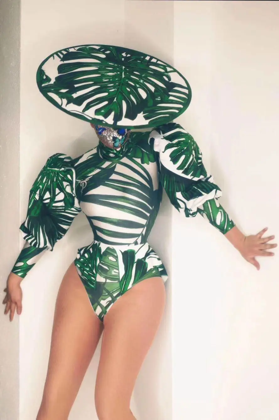 Vintage Nightclub Party Performance Costumes Green Leaves Puff Sleeve Top Shorts Hat 3-piece Stage Outfit Sets Singer Stage Wear