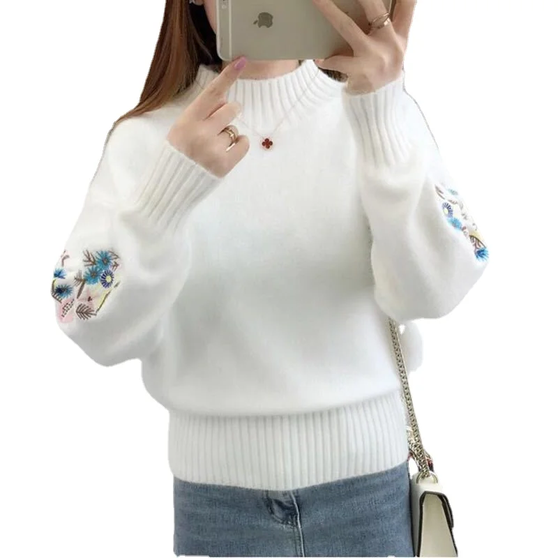 

Женская водолазка в Корейском стиле, Осень-зима 2021, вязаный джемпер с вышивкой, женские свитера и пуловеры, женская трикотажная одежда