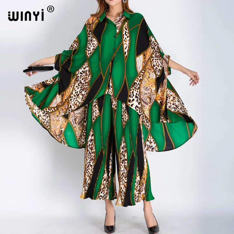 

2021 Africa two-piece suit Boho Printed Over Size V-neck Batwing Sleeve Dress Women Elastic Silk Floor Length New Fashion Tide
