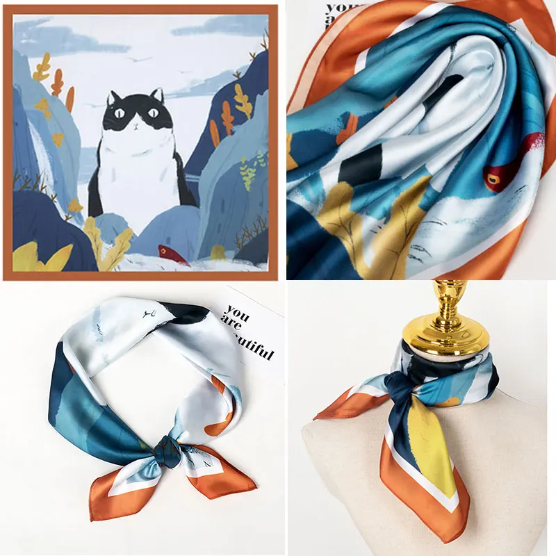 

68x68cm Cartoon Cat Women Silk Satin Scarves Thin Small Square Scarf Fashion Skirt Collocation Decorative Bandanas Hair Band