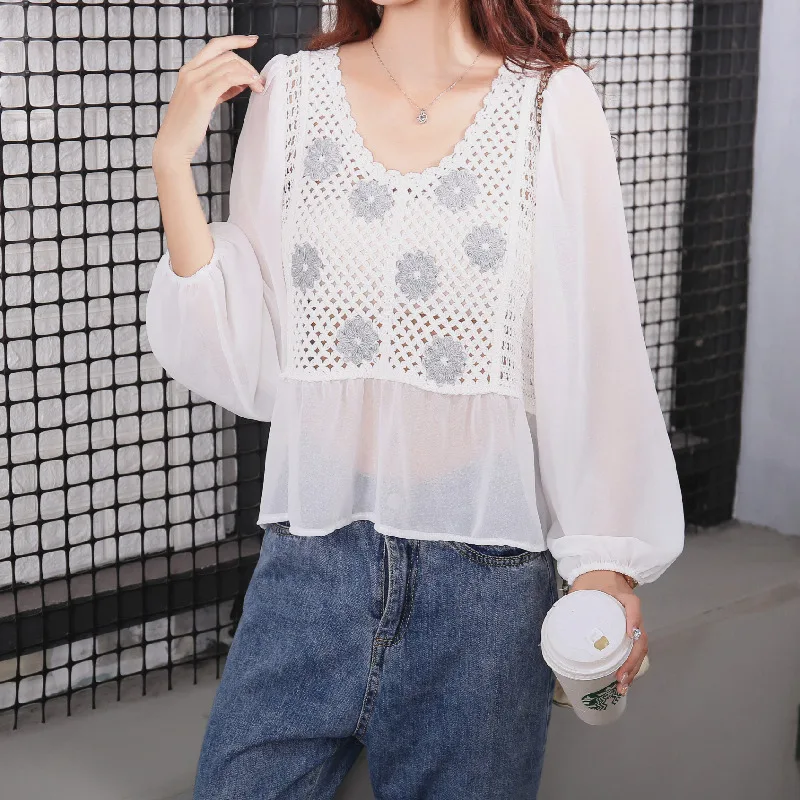 

2021 Chiffon Blusas Crochet Hollow out Lace Women Blouses Summer Casual White Shirt Women Flower Embroidery Tops