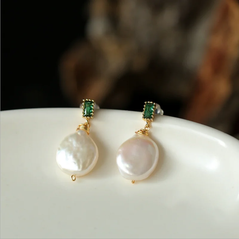 

ins Baroque Freshwater Pearl Emerald Pearl Earrings French 14K Gold Wrapped Vintage Earrings Original Earrings Gifts
