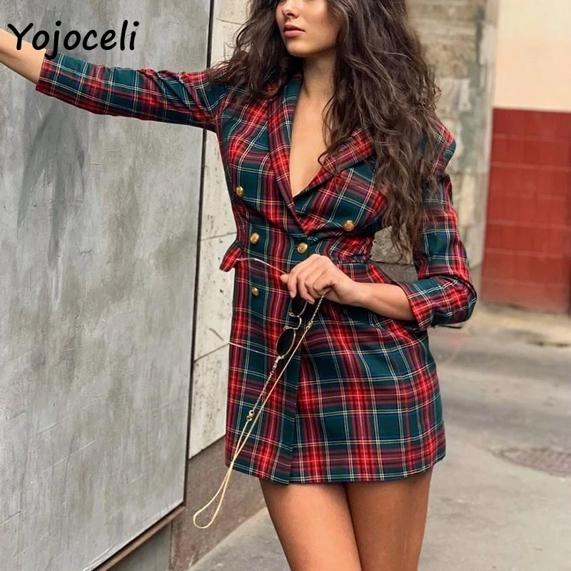 Yojoceli осенне зимний однобортный Блейзер в клетку обтягивающее мини платье 2019