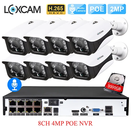 LOXCAM H.265+ 4MP POE система NVR 48V 1080P 2MP@ 25fps IP66 безопасности наружного аудио запись POE IP Камера видео набор для наблюдения 2 ТБ - Цвет: 8CH NVR x 8 Cameras