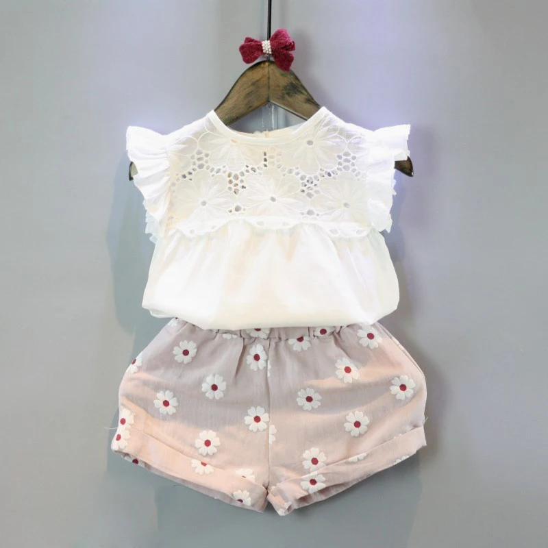 

2Pcs Lace set baby Girl 2T-7T clothes Summer Toddler Kids Baby Girls Outfits Clothes Lace Tops+Floral Pants Shorts outfits Set