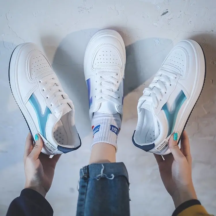 

2021 Spring White Shoes Women's Leather Surface Lace-up Contrast Color Students' Street Shot Board Shoes Women