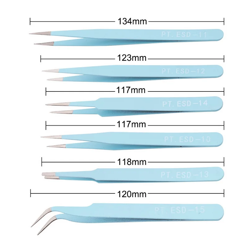 Blue 6pcs set 6 шт. антистатические пинцеты из нержавеющей стали набор инструментов для ремонта электроники набор прецизионных моделей ручной набор инструментов - Тип головки пинцета: Blue 6pcs set