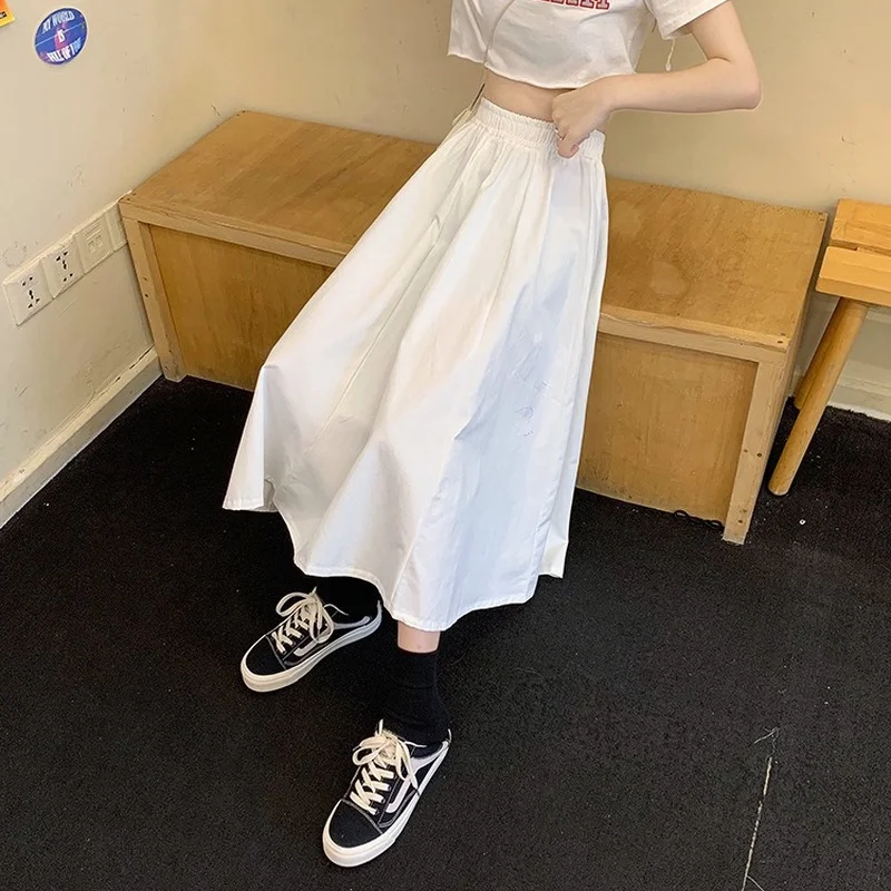 

Summer and Spring Korean Fashion Midi Skirts for Women Solid Loose High Waist Elastic A-line Long Skirts Casual BF Streetwear