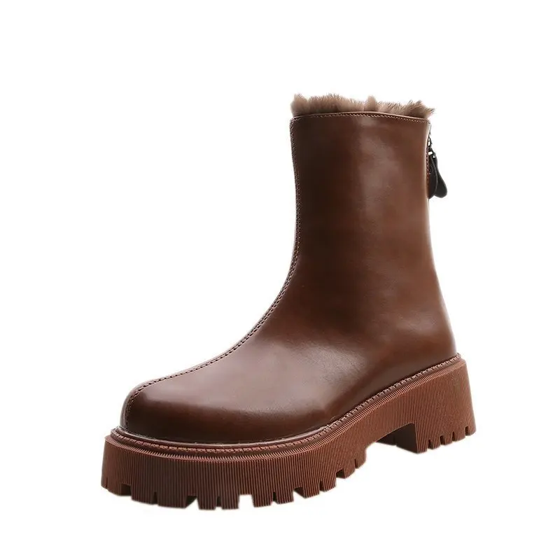 

Зимняя женская обувь 2021, ботинки на молнии, однотонные, с круглым носком, модные милые, лаконичные, на среднем каблуке, универсальные, теплые ...