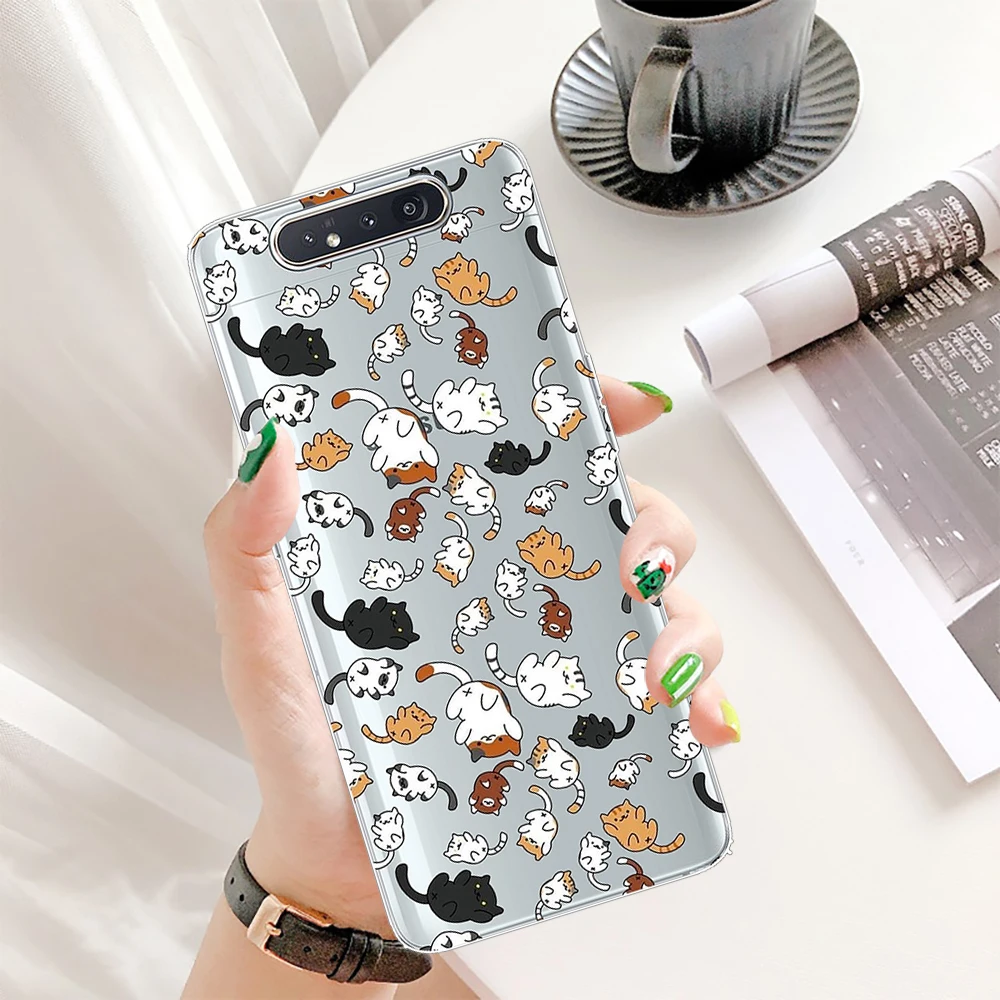 Чехол с милым котом для Samsung Galaxy A80 прозрачный мягкий ТПУ чехол в Корейском стиле