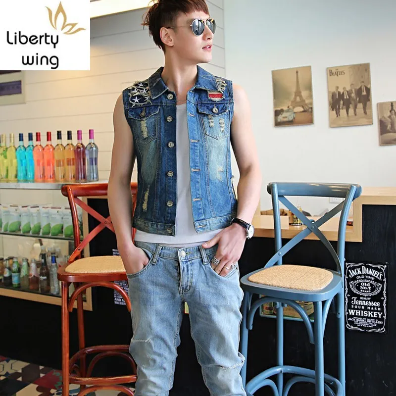 Мужской зауженный джинсовый жилет весна-осень модная повседневная байкерская