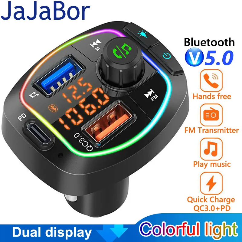

JaJaBor Bluetooth 5,0 автомобильный комплект беспроводной fm-передатчик громкой связи двойной экран дисплей Автомобильный MP3-плеер с PD18W QC3.0 Быстрая зарядка