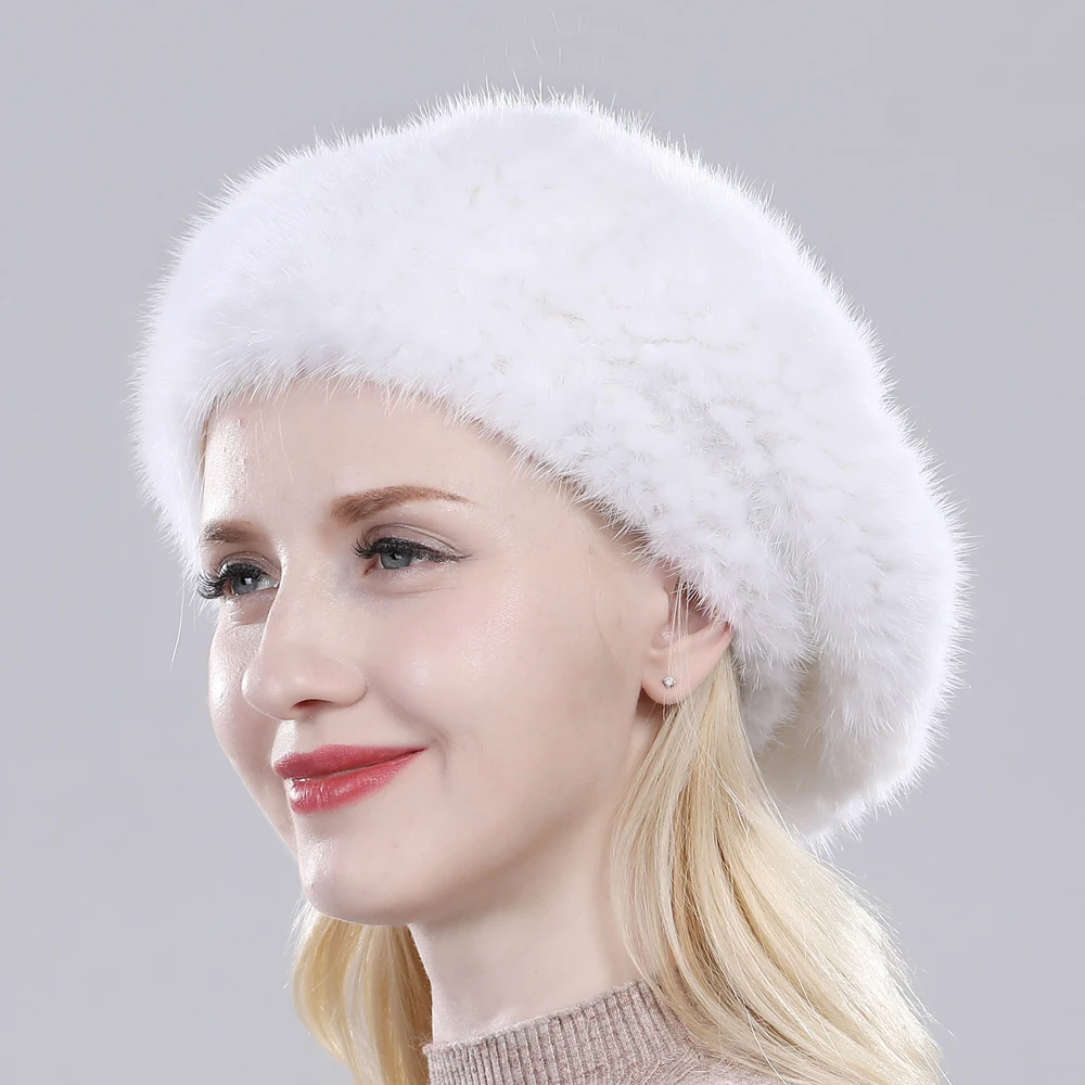 Hot Sale Russia Women Winter Real Mink Fur Berets Hat Hand Knitted Real Natural Mink Fur Cap Lady Luxury Real Mink Fur Hats