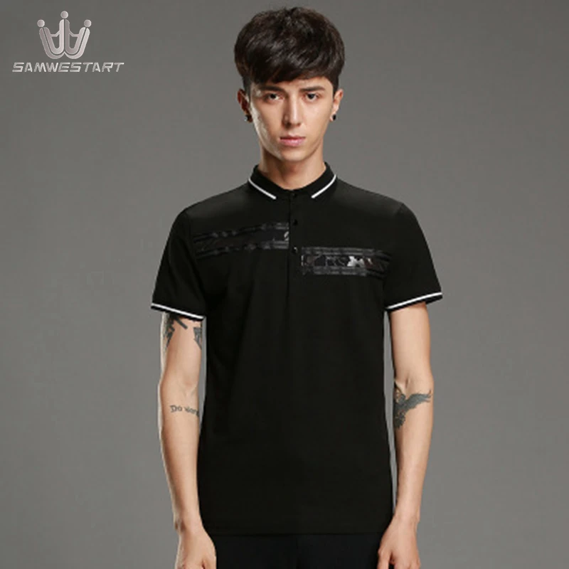

SAMWESTART Men's Polo Shirt Menswear Summer Short Sleeve Black Turn-down Collar Patchwork Buttons Camisa Masculina Casual Shirt