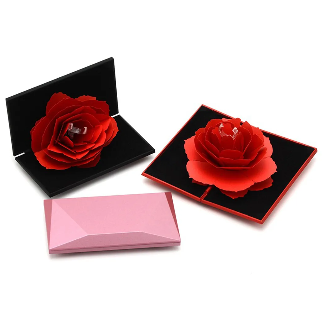 

3D выдвижная коробка для колец в форме розы, держатель для хранения свадебных ювелирных изделий, прямоугольная вращающаяся коробка для коле...