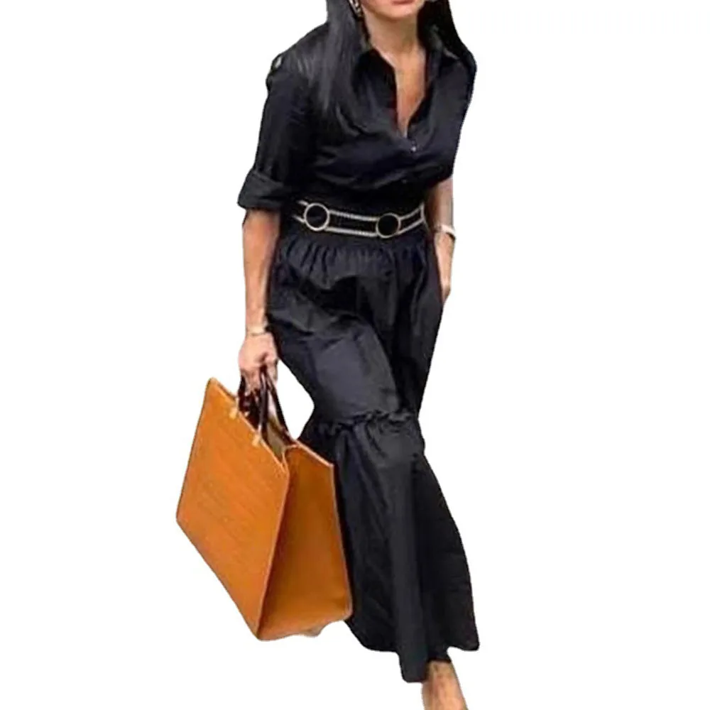 

Women's Dress 2021 Spring Summer Western Style Western Style Casual Retro Black Hedging Lapel Long Sleeve Simple Hot Sale