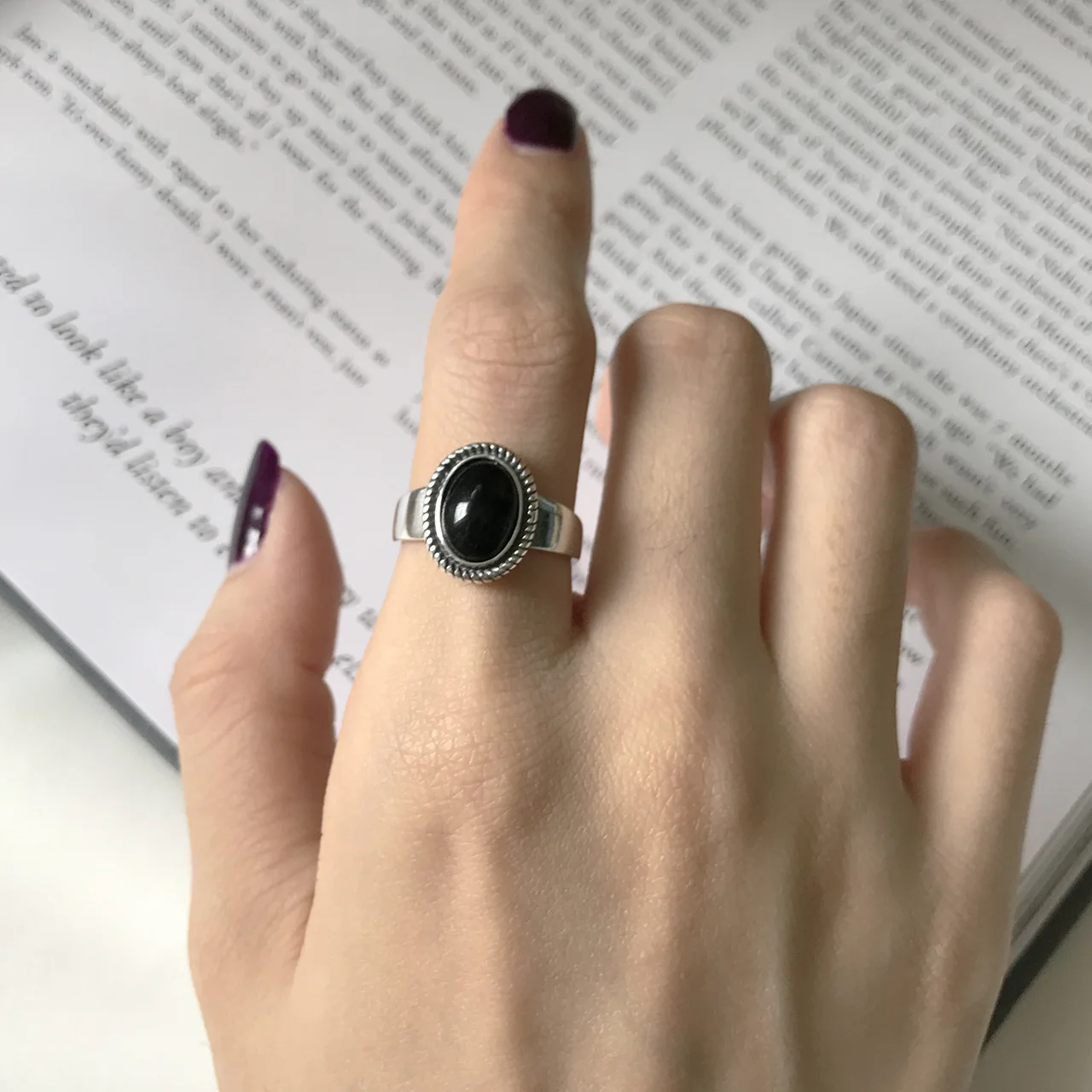 

South Korea Korean-style S925 Fine Silver Black Agate Twisted Rope Vintage Retro Cool Adjustable Silver Ring Ring