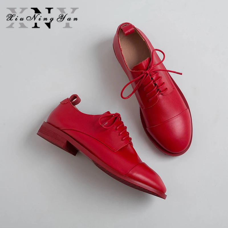 

British Style Oxford Shoes Woman Flats Spring Soft Cow Leather Oxfords Flat Heel Casual Shoes Lace Up Womens Shoes Retro Brogues