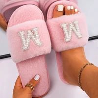 personalized house slippers for women custom pearl letter decor fluffy slippers furry slides faux fur designer winter warm shoes