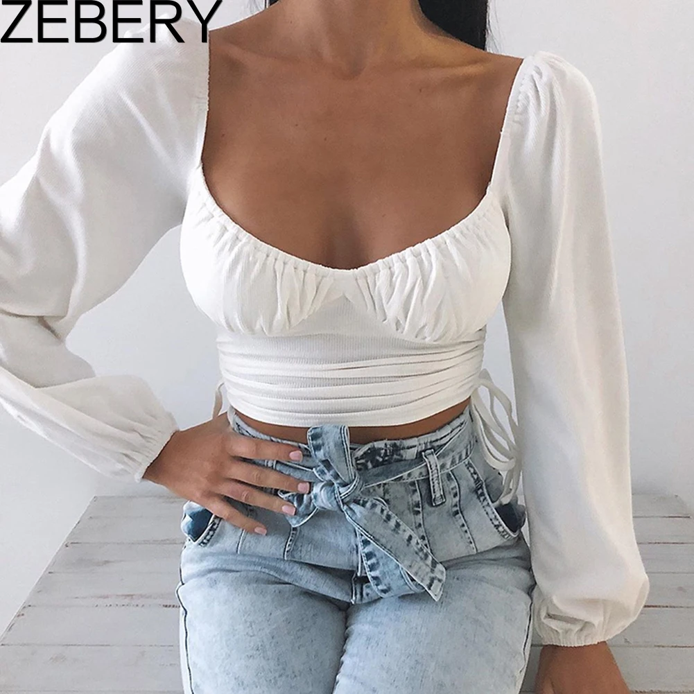 

ZEBERY Women Autumn Elegant Vintage Shirt Y2K Ladies Casual Puff Sleeve Square Collar Bandage Sexy Ruched Loose T-shirt Top