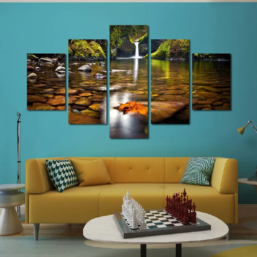 

5 Pieces Combined Canvas Paintings Mountain Stream Landscape Freshing Wall Art Pictures Frameless for Living Room Decoration