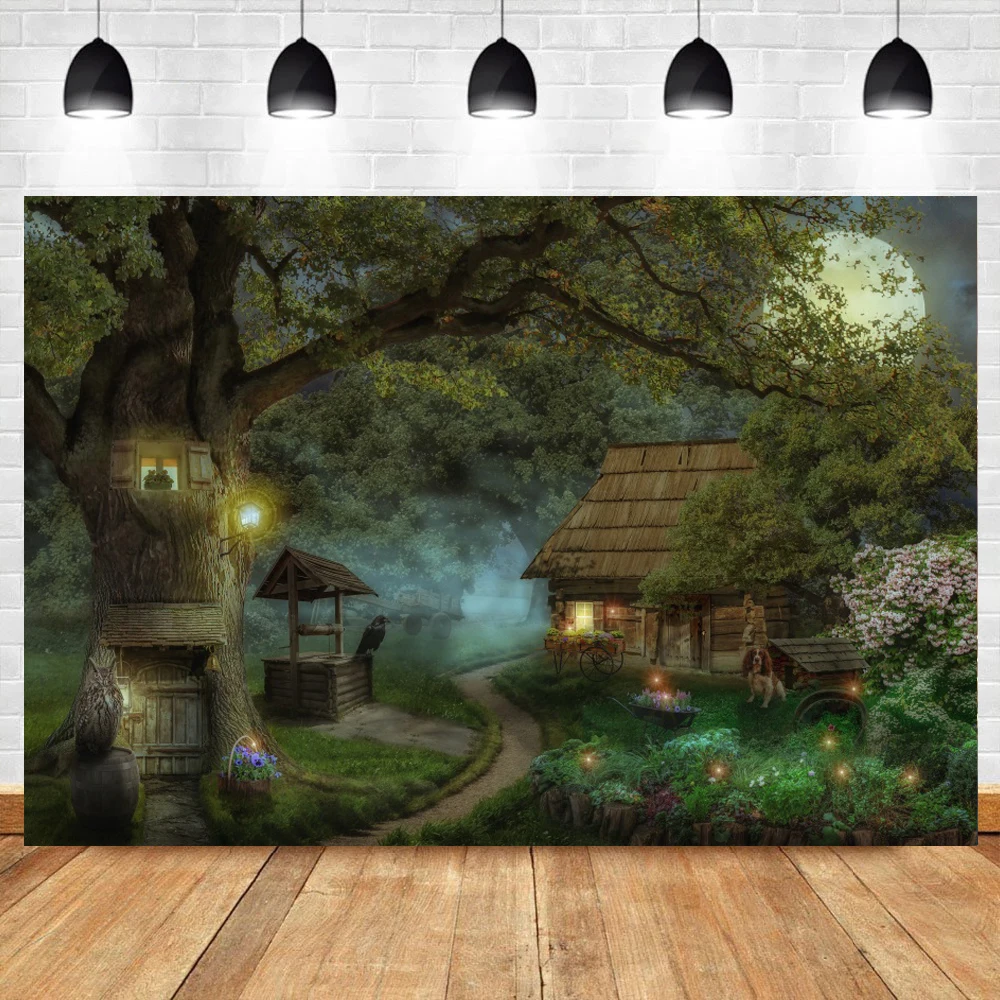 

Laeacco Green Forest Tree Wooden House Fairytale Baby Portrait Photography Backgrounds Photographic Backdrops For Photo Studio