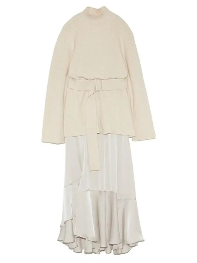 Женский однотонный костюм из 2 предметов свитер с высоким воротником на завязках