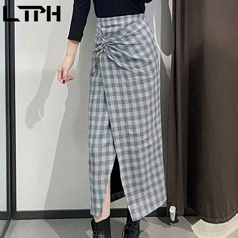 

LTPH fashion korean skirt pleated mid-length High Waist slim women Skirts Plaid Bodycon Package Hip skirt 2021 Spring New