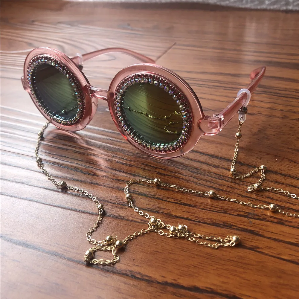 Очки богатые женщины серии 201 стразы с золотой цепочкой розовые/круглые