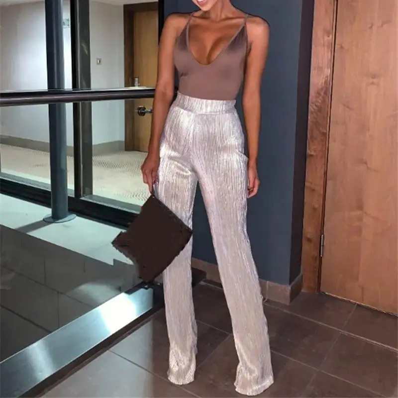 Women New High Waist Long Pants Sparkly Sexy Wide Leg Casual Fashion Vintage Solid Color Party |