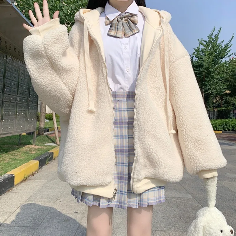 

Spring New Kawaii Women Teddy Coat Harajuku Cute Girls Lolita Plush Faux Fur Thick Warm Oversized Female Jacket Fleece Outerwear