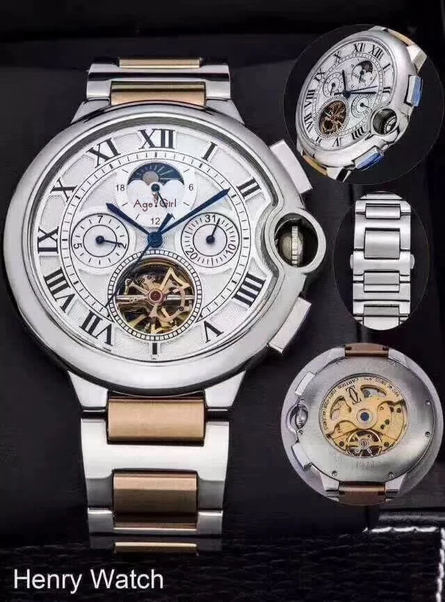 Silver Gold White Роскошные брендовые новые мужские часы с сапфиром, автоматические механические часы из розового золота и нержавеющей стали с турбином, скелетом, фазой Луны, часы AAA - Цвет: Silver Gold White