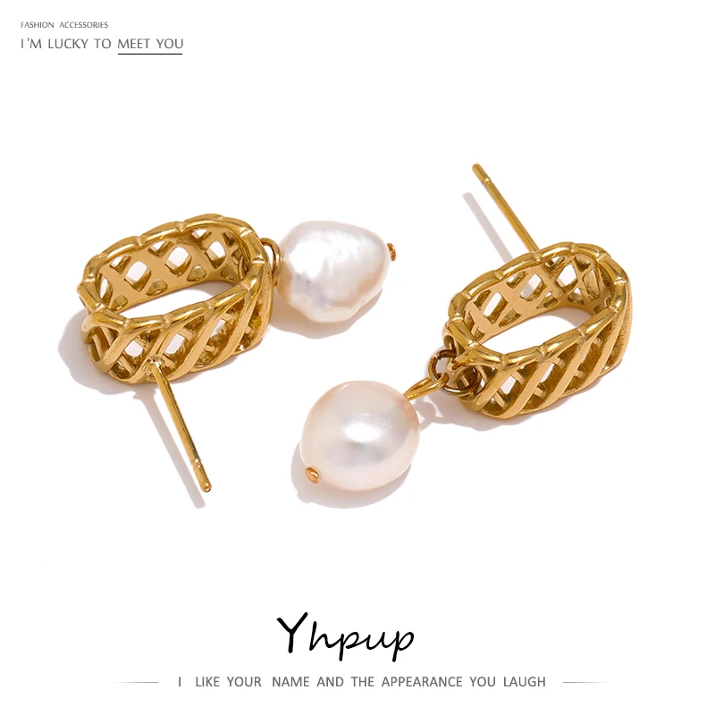 

Yhpup Stainless Steel Natural Freshwater Pearl Dangle Earrings Trendy Golden Geometric Earrings pendientes de acero inoxidable