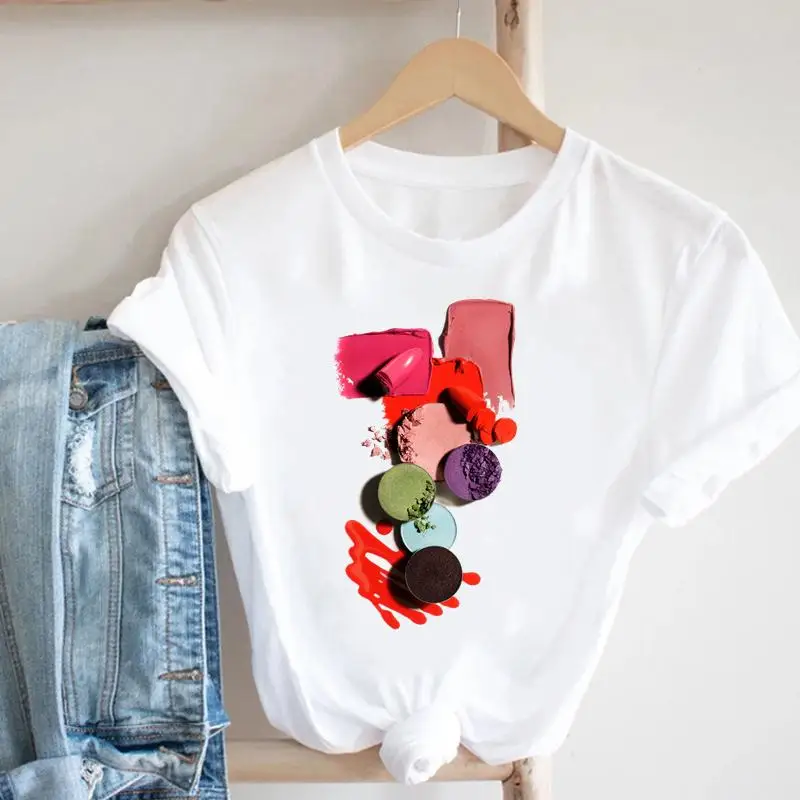 

Women Clothing Make Up Sweet Lovely Fashion Clothes Cartoon Short Sleeve Print Tshirt Female Summer Top Graphic Tee T-shirt