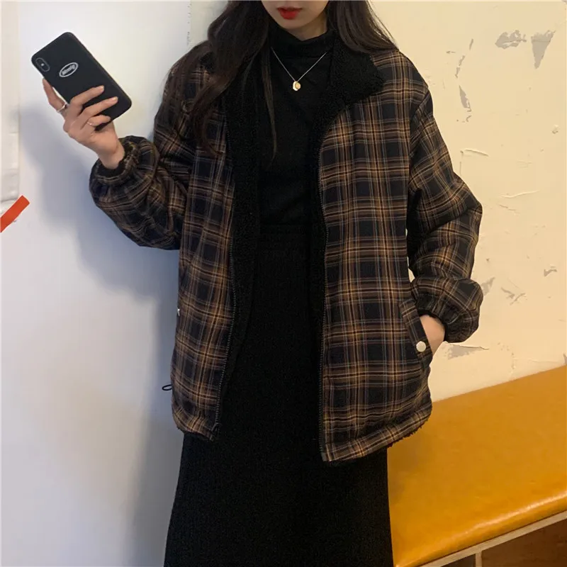 

2020 New Zipper Harajuku Winter Plaid Thicken Section Wool Korean Women Positive And Negative Wear On Both Sides Cotton Coat