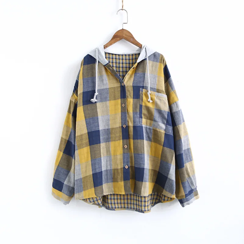 Yellow Plaid Johnature, женские рубашки в клетку с капюшоном, свободные блузки, осень, Новые Карманы, 6 цветов, женские топы, длинный рукав, пуговицы, винтажные рубашки - Цвет: Yellow Plaid