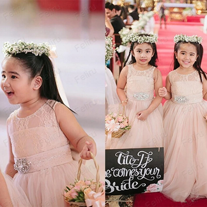 Cute Blush Pink Flower Girl Dresses for Weddings Long Tulle Crystals Sash Jewel Floor Length Girls Pageant Dress Birthday Gown