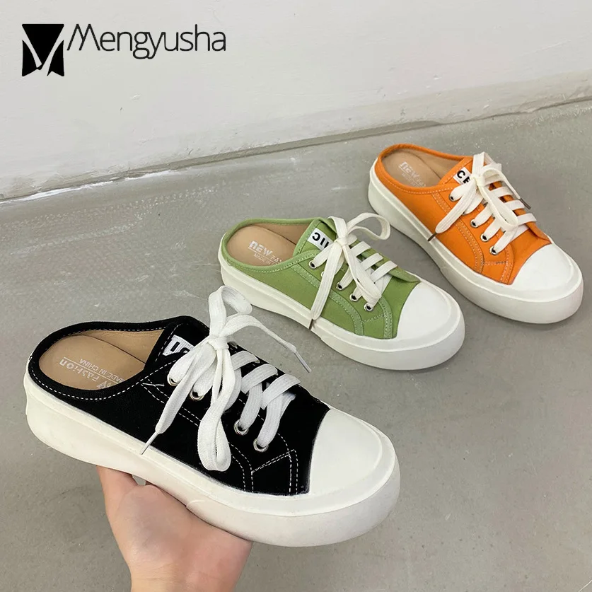 Холщовые тапочки с круглым носком на шнуровке женские кроссовки открытой пяткой