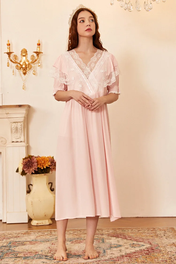 

Летняя новая ночная рубашка с коротким рукавом и V-образным вырезом Женская кружевная вышивка с оборками Простой стиль свободная длинная Пи...