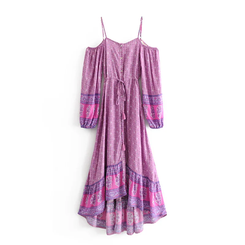 Everkaki Gypsy Floral Print Slip Dress Women Sashes Boho Adjustable Waist Off Shoulder Tassels Dresses Female Autumn New