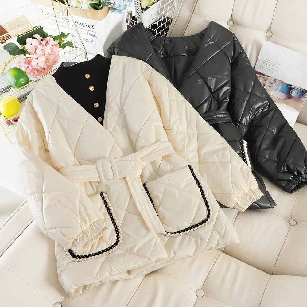 Осенне зимние новые элегантные парки с v образным вырезом и поясом женская