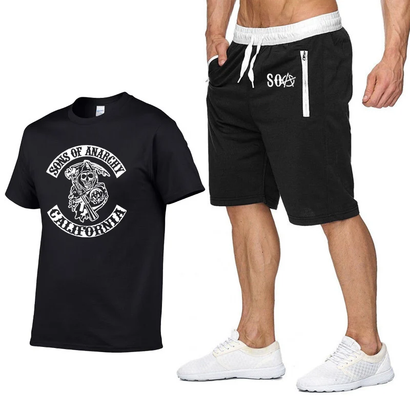 

SOA Sons of Anarchy Short sleeve Men T-shirt SAMCRO Skull Print high quality Cotton HipHop Casual T Shirts pants suit Sportswear