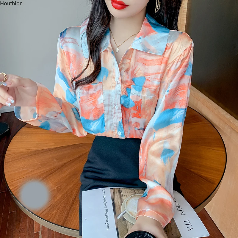 

Летние новые женские блузки, рубашка-поло, топы с длинным рукавом, блузка с принтом, шифоновая Повседневная модная женская Свободная блузка ...