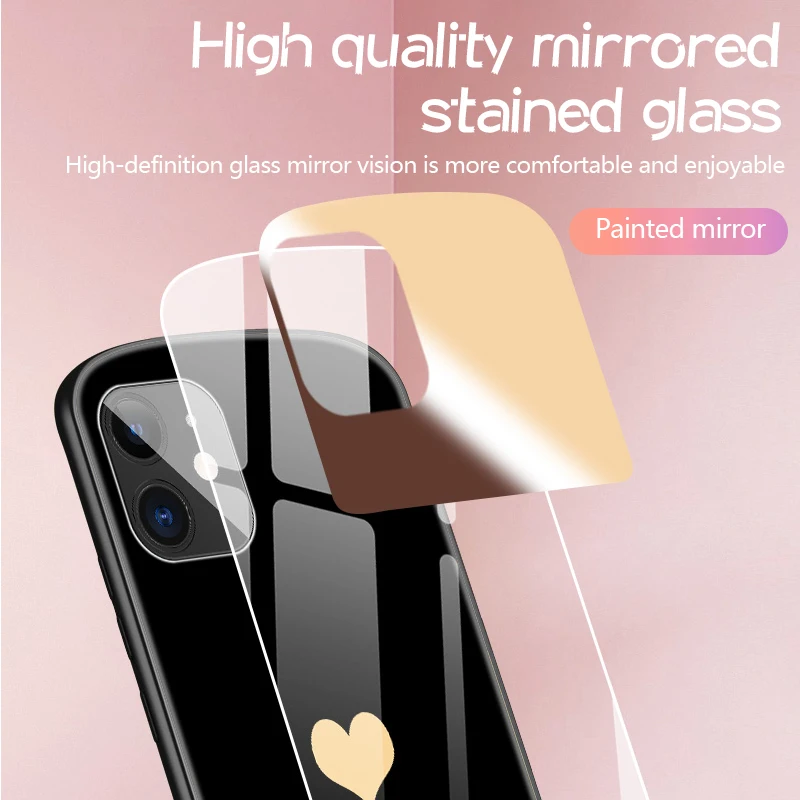 Luxury Cute Oval Heart-shaped Tempered Glass Phone Case For iPhone 14 13 12 11 Pro Max XS XR X SE 8 7 Plus Mirror Lanyard Cover