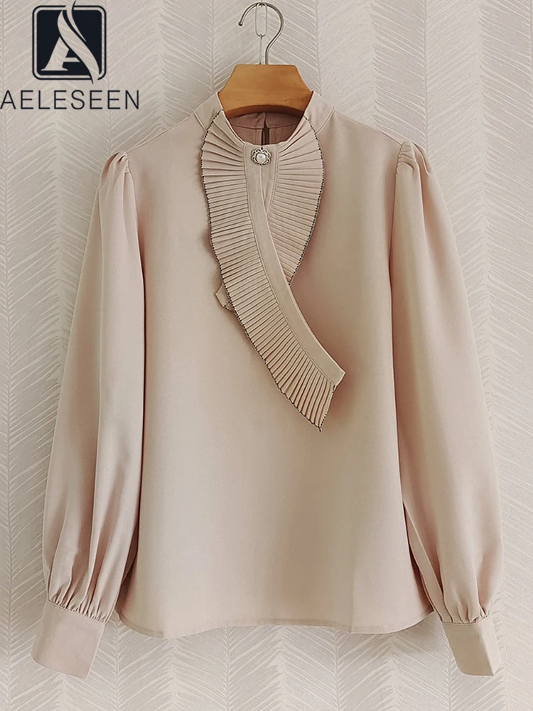 

AELESEEN Office Ladies Blouse 2022 Spring Designer Fashion High Quality Ruffles Solid White Khaki Brown Wine Red Shirt