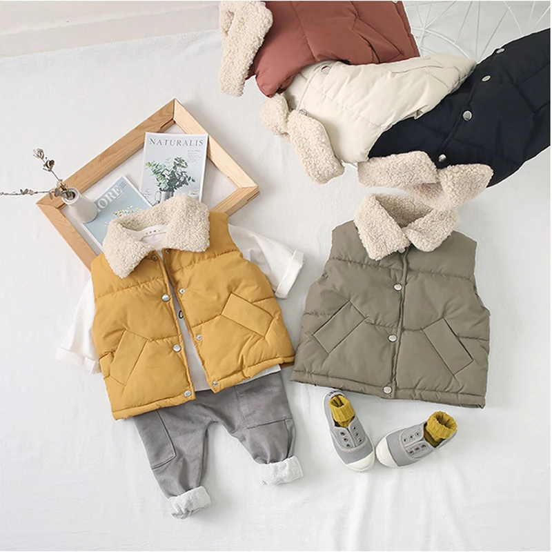 

New Autumn Winter Kid Vest Thicken Solid Pocket Coats Jackets Children Outerwear Warm Cotton Active Baby Boys Girls Vest XL392
